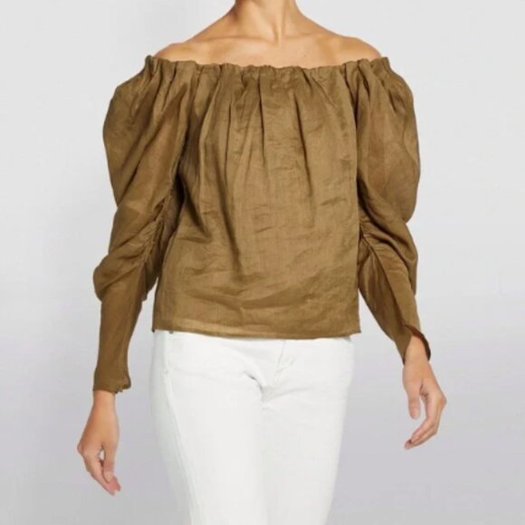 Frame Denim Off-The-Shoulder Billow Top in Moss Size M 100% Cotton - Picture 1 of 7